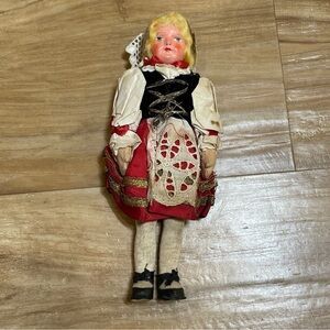 Antique Polish/German/Hungarian Folk Doll 1930/40's Painted Face, Cloth Hands 9”